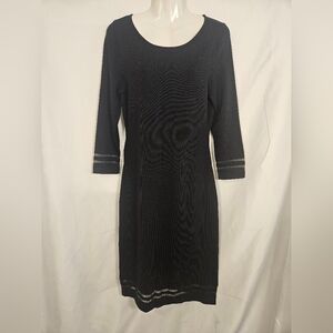 Calvin Klein Black Knit Midi Dress Size Small Sheer Stripe Trim 3/4 Sleeve